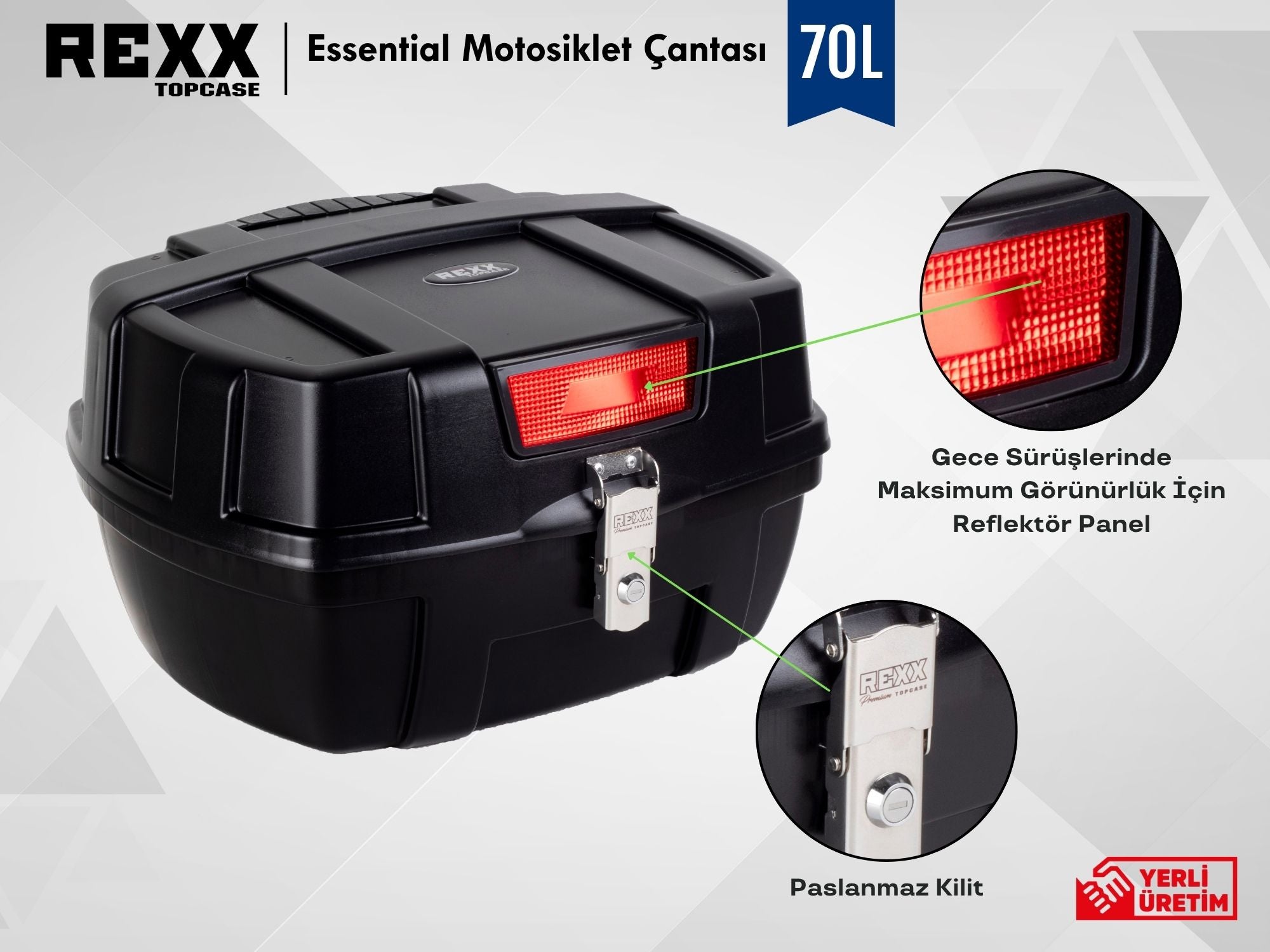 Rexx Topcase Essential – 70L | Güçlendirilmiş ABS Motosiklet Çantası | Universal