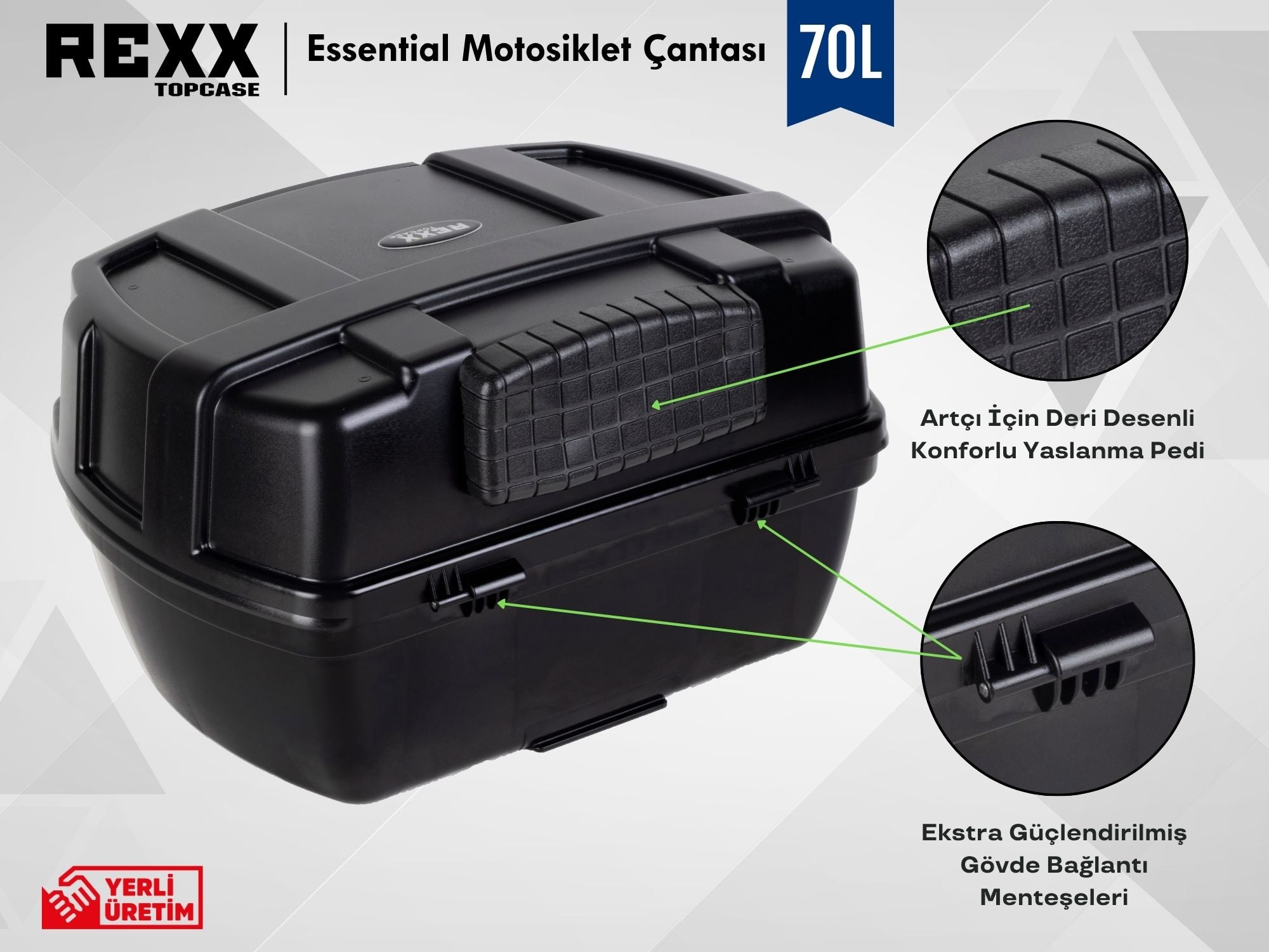 Rexx Topcase Essential – 70L | Güçlendirilmiş ABS Motosiklet Çantası | Universal