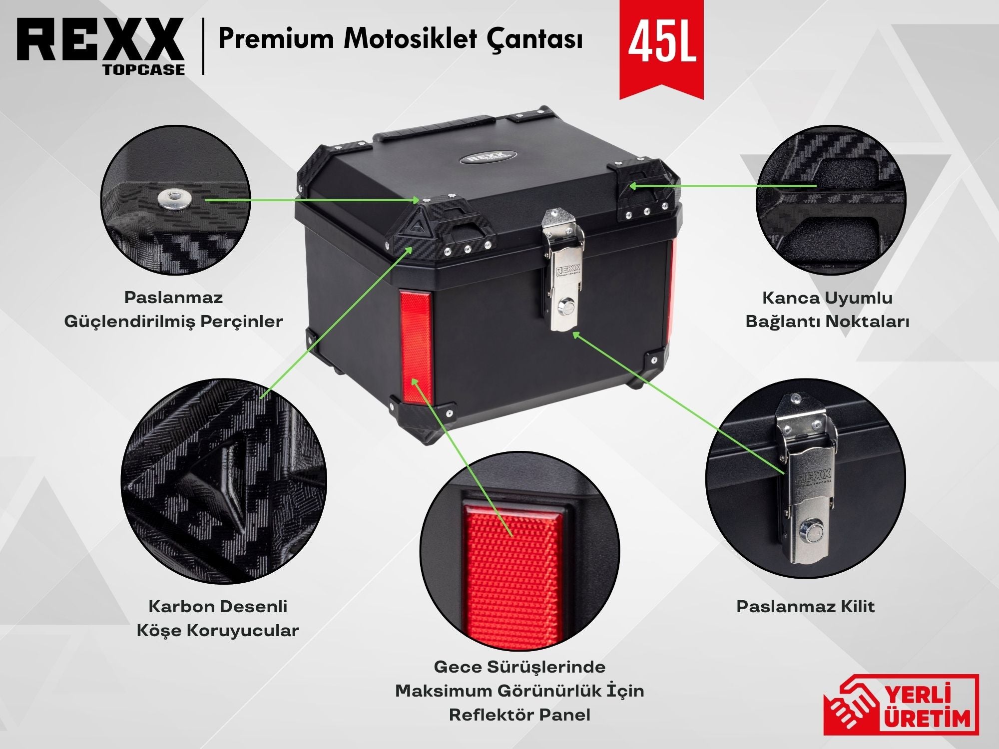 Rexx Topcase Premium – 45L | Güçlendirilmiş ABS Motosiklet Çantası | Universal