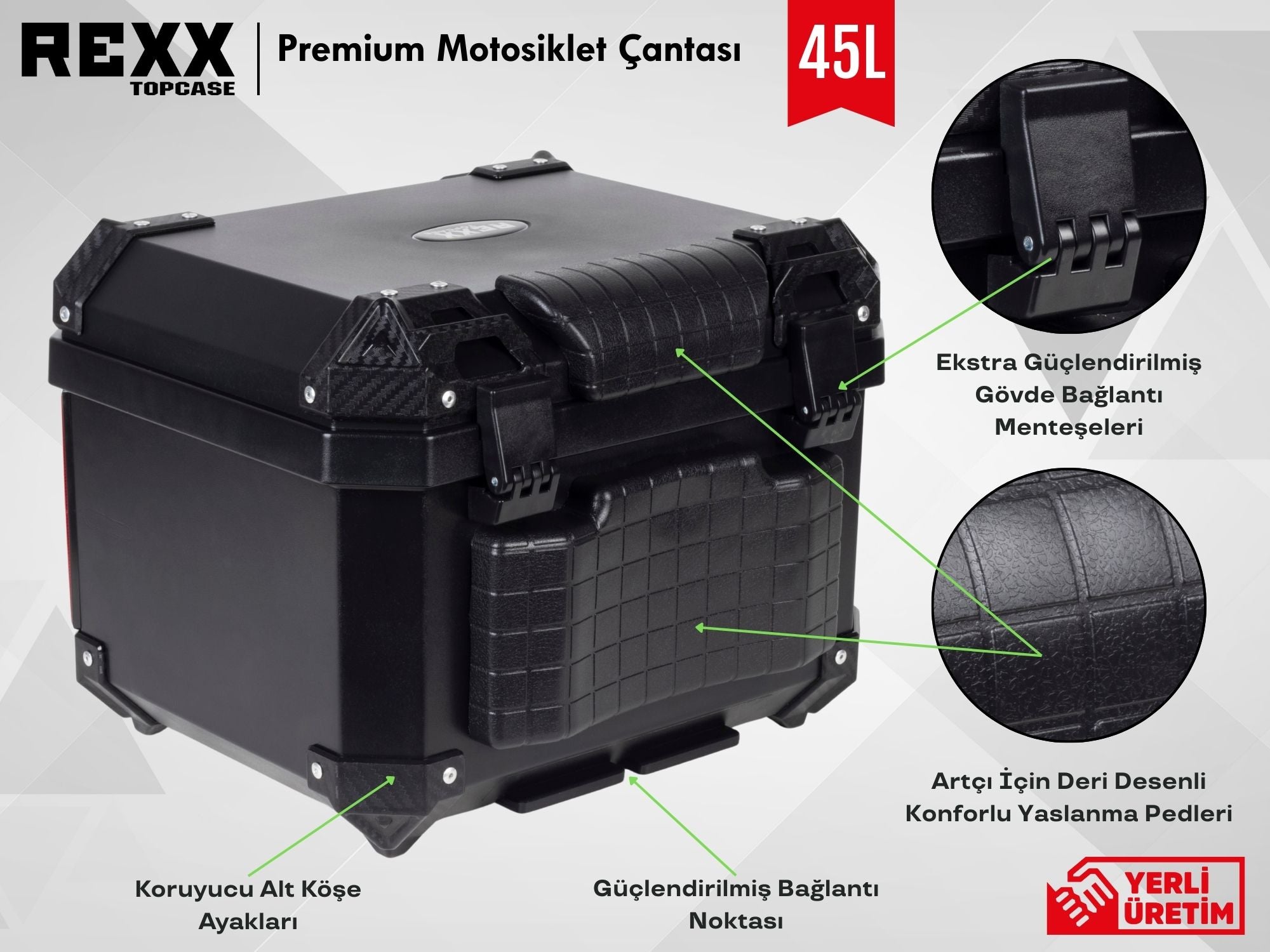 Rexx Topcase Premium – 45L | Güçlendirilmiş ABS Motosiklet Çantası | Universal